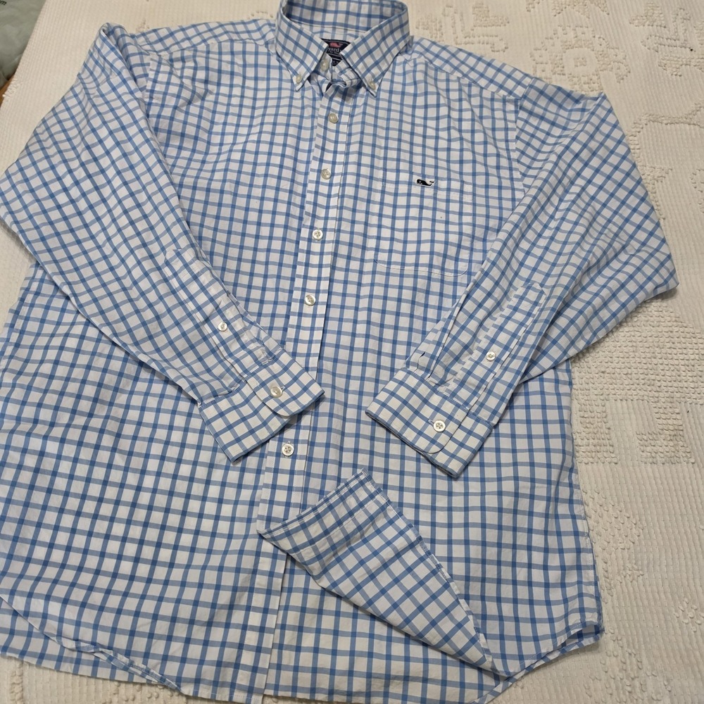 Vineyard Vines Tucker Men Size L Blue White Check Button Down Shirt Classic‎ Fit